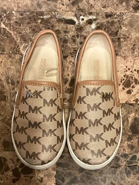 Michael Kors Beige and Brown MK Monogram Slip-On Sneakers